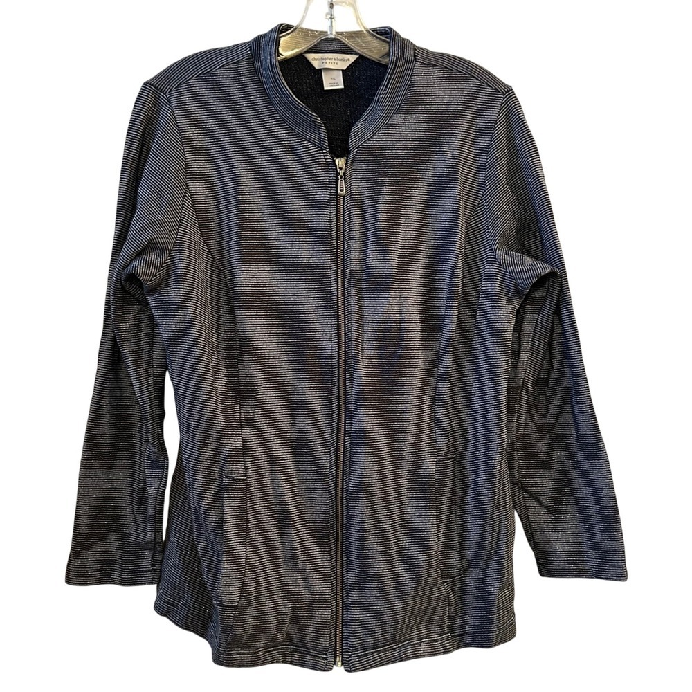 Christopher & Banks Petite Women's Zip Up Jacket Navy White Stripe P/L